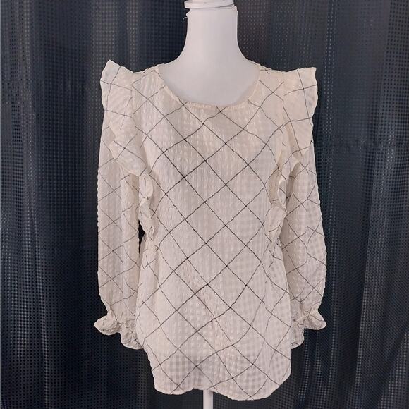 LOFT! CREAM & BLACK PLAID RUFFLE FRONT, ELASTIC WAIST POUF SLEEVE BLOUSE! SZ M - Picture 1 of 8
